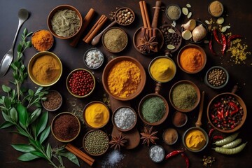 Obraz na płótnie Canvas Top View of Indian Spices and Seasoning, Generative Ai.