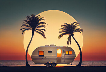 caravan with palm trees at sunset summer vacation photos Generative AI