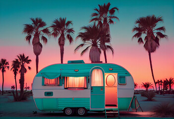 caravan with palm trees at sunset summer vacation photos Generative AI - obrazy, fototapety, plakaty