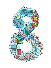 Snowboard with number 8 and mountains. International Women's Day card idea for snowboarders, snowboard teachers, etc.
