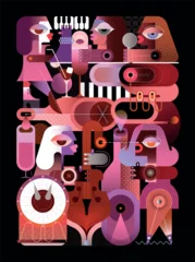 Deurstickers Abstracte kunst Wine and music conceptual vector illustration. Jazz band concert at a party, where people drink wine and listen to beautiful music. Modern art collage, vector illustration.