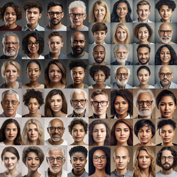Collage mosaic of many multiracial people of different age and ethnicity faces headshots close up portraits. Lot of happy mixed multicultural diverse business people. AI generated