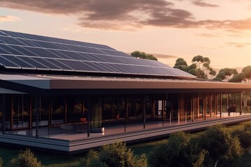 Fototapeta premium Harnessing the Power of the Sun: Embracing Green Energy through Solar Panels on Roofs and Farms, Generative AI.