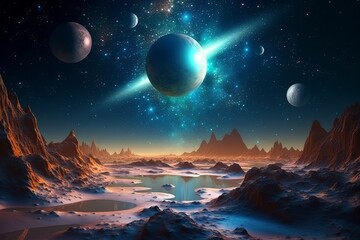 Fototapeta na wymiar Otherworldly Cosmos: A Surreal Fantasy of Planets, Stars, and Nebulae in Digital Art, Generative AI.