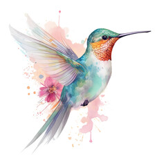 Watercolor hummingbird and flower Ai Generative