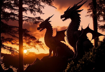 dragons in forest at sunset Generative AI