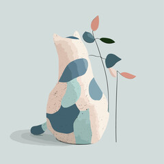A 3D vase shaped like a cat with simple and modern terrazzo patterns and some flowers of terrazzo and some leaves in it