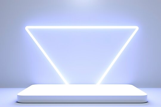 Realistic Podium Display With Neon White Lights, Product Display Background With Light Frame, White Prodium Product Display With Light Effect, Neon Lights Background, Generate Ai