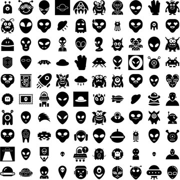 Collection Of 100 Alien Icons Set Isolated Solid Silhouette Icons Including Illustration, Character, Fiction, Alien, Space, Ufo, Futuristic Infographic Elements Vector Illustration Logo