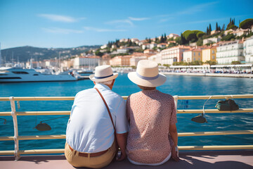back view of Active senior couple watch luxurious yachts at French Riviera ai generated art Generative AI - obrazy, fototapety, plakaty