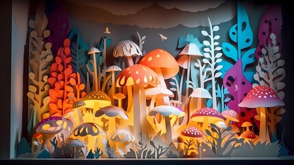 Papercut illustration, kirigami. Landscape of fantasy mushrooms world. Paper craft illustration. Ai generative