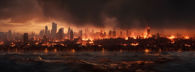 Post apocalypse. Nuclear apocalypse survivor. Ruined Cityscape. Concept. Banner size. Header, A nuclear explosion in the center of the metropolis. The beginning of apocalyptic, generate ai