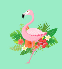 Flamingo and tropical plants background illustration, 플라밍고와 열대식물 배경 일러스트