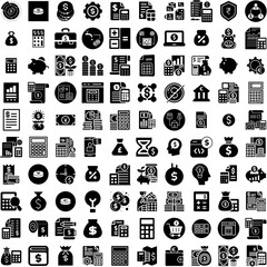 Collection Of 100 Budget Icons Set Isolated Solid Silhouette Icons Including Investment, Financial, Money, Business, Finance, Economy, Budget Infographic Elements Vector Illustration Logo
