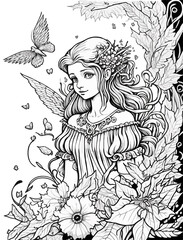 Princess illustration coloring book black and white for kids and adults isolated line art on white background.
