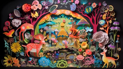 Papercut illustration, kirigami. Landscape of fantasy mushrooms world. Paper craft illustration. Ai generative