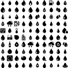 Collection Of 100 Droplet Icons Set Isolated Solid Silhouette Icons Including Drop, Clear, Background, Liquid, Droplet, Transparent, Water Infographic Elements Vector Illustration Logo