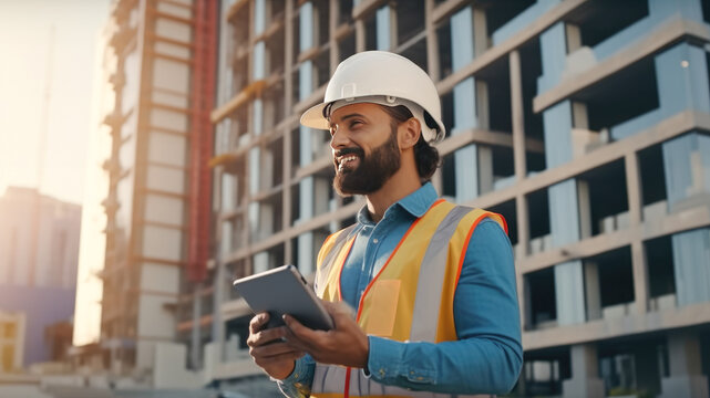 Cheerful male builder in a white protective helmet and with a digital tablet in his hands against the backdrop of a house under construction. Generative AI