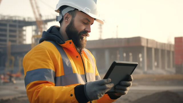 A builder in a protective helmet looks at a digital tablet on the background of a house under construction. Generative AI