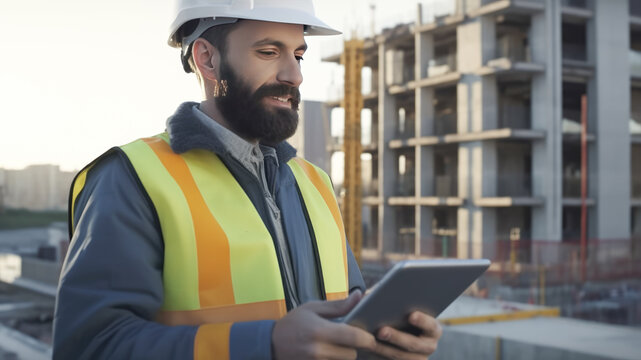 A builder in a white protective helmet and with a digital tablet in his hands against the backdrop of a house under construction. Generative AI