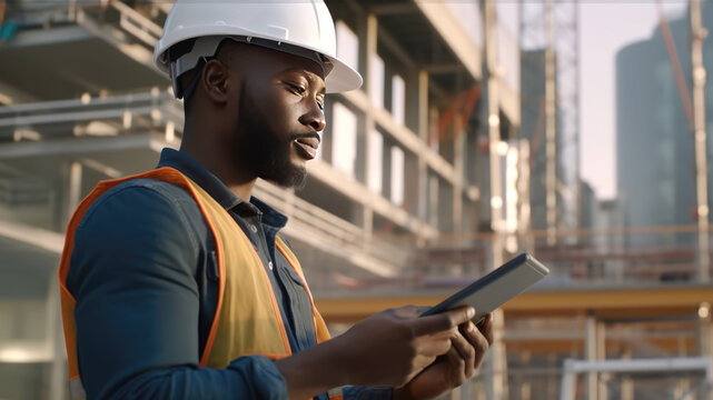 African American builder with a beard in a white safety helmet and with a digital tablet, against the backdrop of a house under construction. Banner with place for text. Generative AI