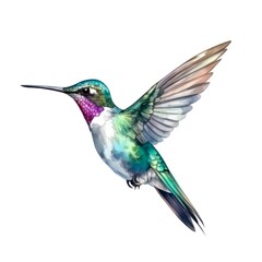 Fototapeta premium Beautiful tiny colibri bird. Hummingbird on white background in watercolor style. Generative AI.