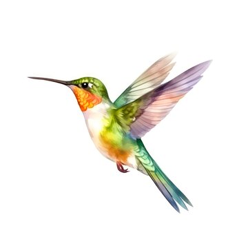 Beautiful tiny colibri bird. Hummingbird on white background in watercolor style. Generative AI.