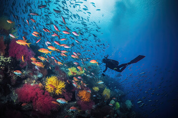 a scuba diver surrounded by colorful corals and tropical fish in the red sea, maldives islands, indian ocean. Generative Ai