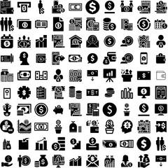 Collection Of 100 Income Icons Set Isolated Solid Silhouette Icons Including Money, Income, Finance, Pay, Investment, Financial, Business Infographic Elements Vector Illustration Logo