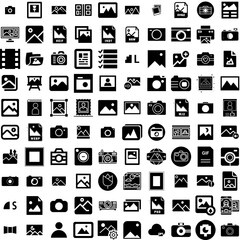 Collection Of 100 Image Icons Set Isolated Solid Silhouette Icons Including Frame, Picture, Vector, Image, Web, Design, Photo Infographic Elements Vector Illustration Logo