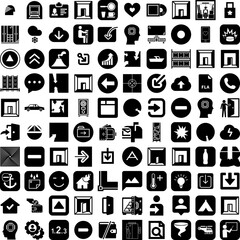 Collection Of 100 Inside Icons Set Isolated Solid Silhouette Icons Including Transport, Inside, View, Person, Interior, Modern, Design Infographic Elements Vector Illustration Logo