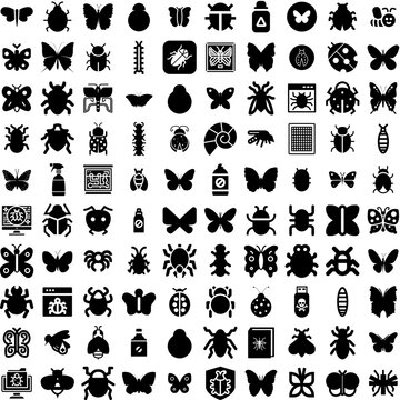 Collection Of 100 Insect Icons Set Isolated Solid Silhouette Icons Including Dragonfly, Ladybug, Vector, Bug, Beetle, Insect, Set Infographic Elements Vector Illustration Logo