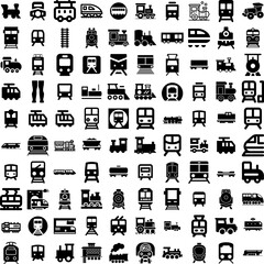 Collection Of 100 Locomotive Icons Set Isolated Solid Silhouette Icons Including Transport, Smoke, Railway, Vector, Transportation, Locomotive, Train Infographic Elements Vector Illustration Logo