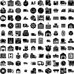 Collection Of 100 Logistics Icons Set Isolated Solid Silhouette Icons Including Business, Transportation, Delivery, Truck, Cargo, Freight, Shipping Infographic Elements Vector Illustration Logo