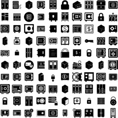 Collection Of 100 Locker Icons Set Isolated Solid Silhouette Icons Including Storage, Metal, Sport, Room, Gym, School, Locker Infographic Elements Vector Illustration Logo