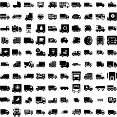 Collection Of 100 Lorry Icons Set Isolated Solid Silhouette Icons Including Truck, Transport, Vehicle, Lorry, Transportation, Cargo, Delivery Infographic Elements Vector Illustration Logo