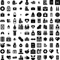 Collection Of 100 Medicine Icons Set Isolated Solid Silhouette Icons Including Hospital, Medical, Treatment, Drug, Pharmacy, Health, Medicine Infographic Elements Vector Illustration Logo