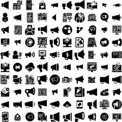 Collection Of 100 Megaphone Icons Set Isolated Solid Silhouette Icons Including Message, Megaphone, Loudspeaker, Speech, Loud, Announce, Speaker Infographic Elements Vector Illustration Logo