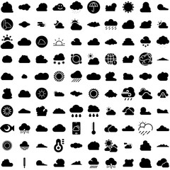 Collection Of 100 Meteorology Icons Set Isolated Solid Silhouette Icons Including Climate, Meteorology, Atmosphere, Temperature, Forecast, Wind, Weather Infographic Elements Vector Illustration Logo - obrazy, fototapety, plakaty