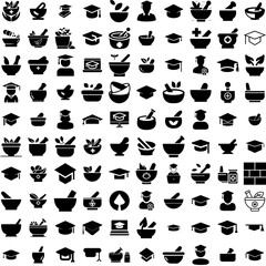 Collection Of 100 Mortar Icons Set Isolated Solid Silhouette Icons Including Herbal, Isolated, Natural, Mortar, Pestle, Background, Bowl Infographic Elements Vector Illustration Logo
