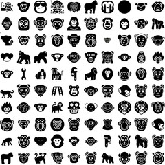 Collection Of 100 Monkey Icons Set Isolated Solid Silhouette Icons Including Illness, Monkeypox, Rash, Monkey, Pox, Infection, Animal Infographic Elements Vector Illustration Logo