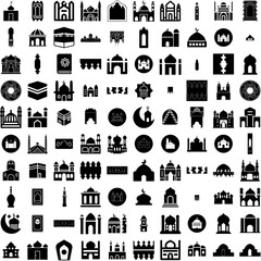 Collection Of 100 Mosque Icons Set Isolated Solid Silhouette Icons Including Arabian, Ramadan, Religious, Muslim, Mosque, Religion, Culture Infographic Elements Vector Illustration Logo