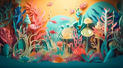 Obraz na płótnie Canvas Illustration of underwater scene with coral reef and fish. paper cut and craft style illustration. Ai generative
