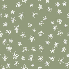 Seamless graphic floral pattern with white flowers on a green background. Lovely hand drawn illustration.