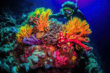 a person scubaing in the ocean surrounded by colorful corals and sponges, taken from an underwater camera. Generative Ai