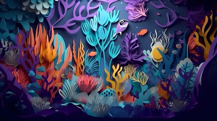 Obraz na płótnie Canvas Illustration of underwater scene with coral reef and fish. paper cut and craft style illustration. Ai generative