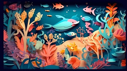 Illustration of underwater scene with coral reef and fish. paper cut and craft style illustration. Ai generative