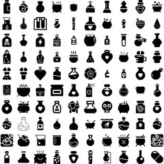 Collection Of 100 Potion Icons Set Isolated Solid Silhouette Icons Including Glass, Alchemy, Magic, Illustration, Potion, Liquid, Bottle Infographic Elements Vector Illustration Logo