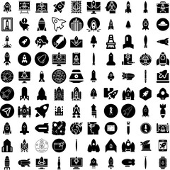 Collection Of 100 Rocket Icons Set Isolated Solid Silhouette Icons Including Ship, Science, Space, Rocket, Launch, Spaceship, Technology Infographic Elements Vector Illustration Logo
