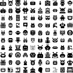 Collection Of 100 Robot Icons Set Isolated Solid Silhouette Icons Including Machine, Technology, Science, Robot, Future, Robotic, Futuristic Infographic Elements Vector Illustration Logo